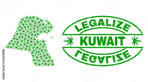 Vector marijuana Kuwait map collage and grunge textured Legalize stamp seal. Concept with green weed leaves. Concept for cannabis legalize campaign. Vector Kuwait map is organized with weed leaves.