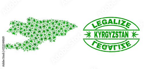 Vector cannabis Kyrgyzstan map mosaic and grunge textured Legalize stamp seal. Concept with green weed leaves. Concept for cannabis legalize campaign.