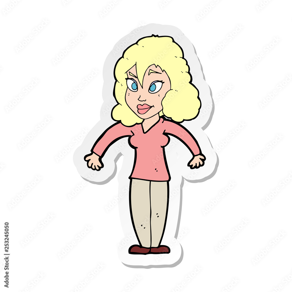 sticker of a cartoon woman shrugging shoulders sticker of a cartoon woman shrugging shoulders