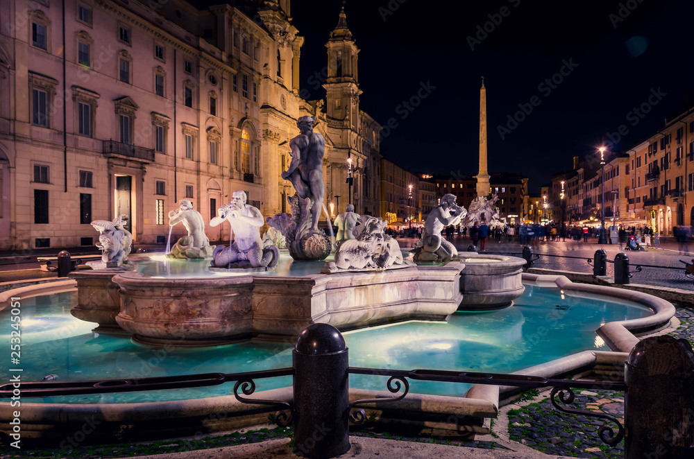 Navona square (Piazza Navona) at night.The famous square with the wonderful fountains and the historical buildings.