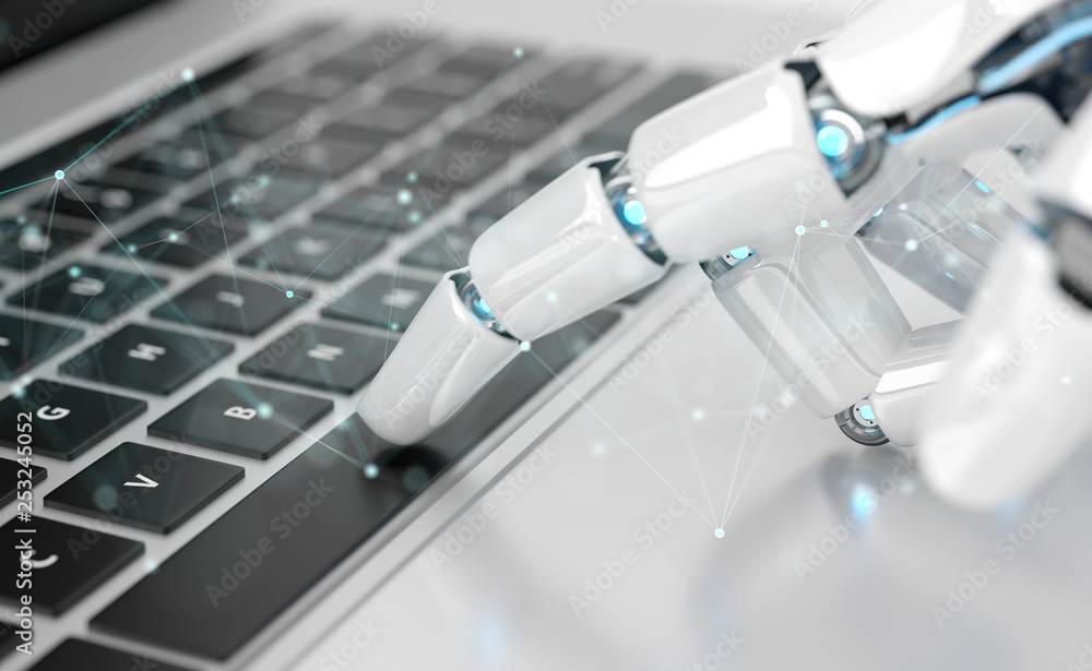 White robot cyborg hand pressing a keyboard on a laptop 3D rendering White robot cyborg hand pressing a keyboard on a laptop 3D rendering