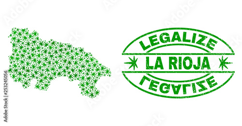 Vector cannabis La Rioja of Spain map mosaic and grunge textured Legalize stamp seal. Concept with green weed leaves. Concept for cannabis legalize campaign.