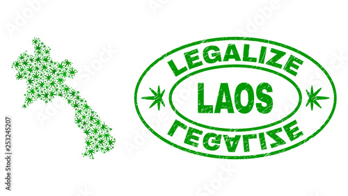 Vector cannabis Laos map mosaic and grunge textured Legalize stamp seal. Concept with green weed leaves. Concept for cannabis legalize campaign. Vector Laos map is constructed with weed leaves.