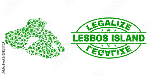 Vector cannabis Lesbos Island map collage and grunge textured Legalize stamp seal. Concept with green weed leaves. Template for cannabis legalize campaign.