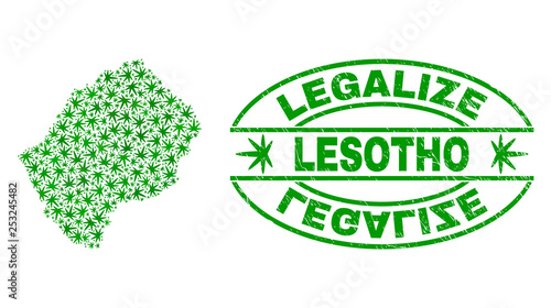 Vector cannabis Lesotho map mosaic and grunge textured Legalize stamp seal. Concept with green weed leaves. Concept for cannabis legalize campaign.