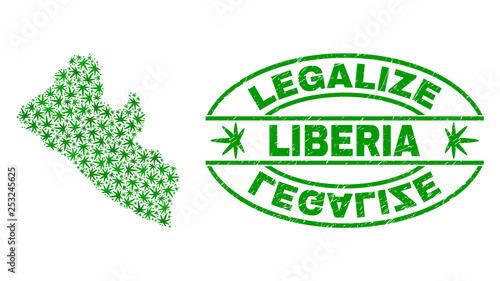 Vector cannabis Liberia map mosaic and grunge textured Legalize stamp seal. Concept with green weed leaves. Template for cannabis legalize campaign. Vector Liberia map is formed with cannabis leaves.