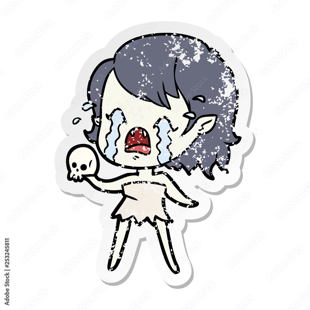 distressed sticker of a cartoon crying vampire girl