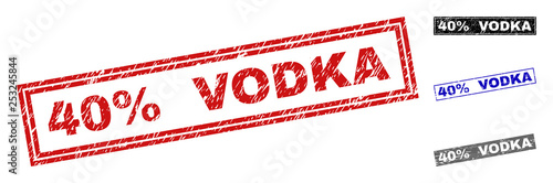 Grunge 40% VODKA rectangle stamp seals isolated on a white background. Rectangular seals with grunge texture in red, blue, black and gray colors.