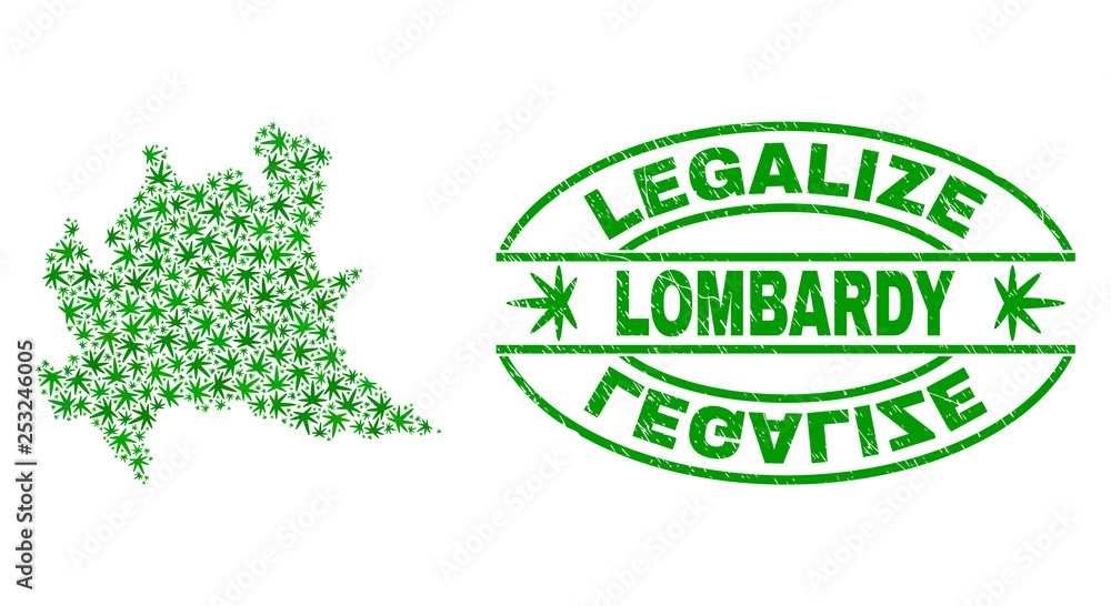 Vector cannabis Lombardy region map collage and grunge textured Legalize stamp seal. Concept with green weed leaves. Template for cannabis legalize campaign.