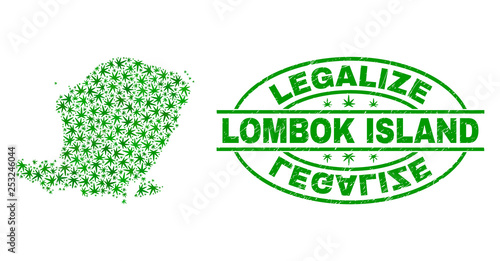 Vector cannabis Lombok Island map mosaic and grunge textured Legalize stamp seal. Concept with green weed leaves. Concept for cannabis legalize campaign.