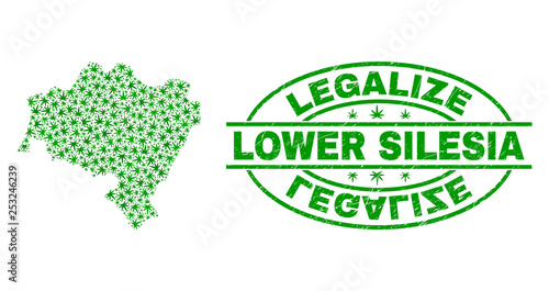 Vector cannabis Lower Silesia Province map collage and grunge textured Legalize stamp seal. Concept with green weed leaves. Concept for cannabis legalize campaign.
