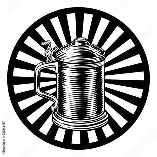 A beer stein German Oktoberfest pint tankard mug in a retro vintage intaglio woodcut engraved style