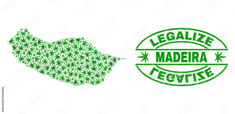 Vector marijuana Madeira map mosaic and grunge textured Legalize stamp seal. Concept with green weed leaves. Concept for cannabis legalize campaign.