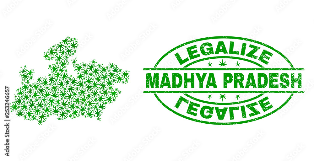 Vector cannabis Madhya Pradesh State map collage and grunge textured Legalize stamp seal. Concept with green weed leaves. Concept for cannabis legalize campaign.