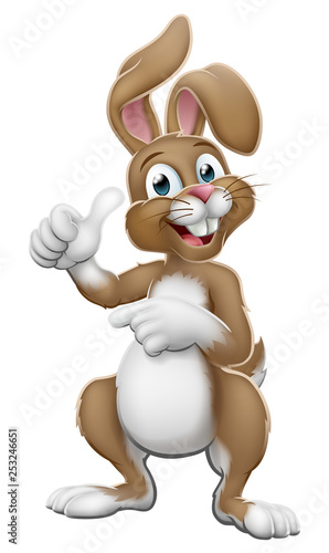Easter bunny rabbit cartoon character giving a thumbs up and pointing