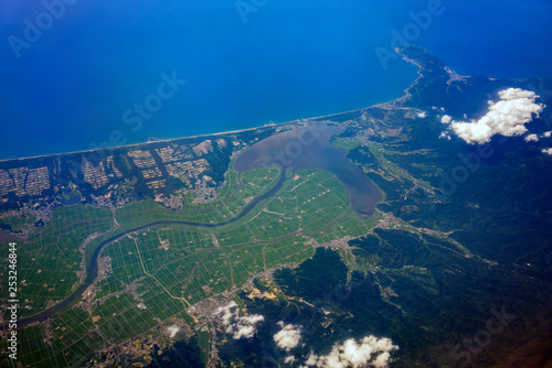 Aerial view of Lake Jusanko and rural landscape around Goshogawara, Tsugaru photo