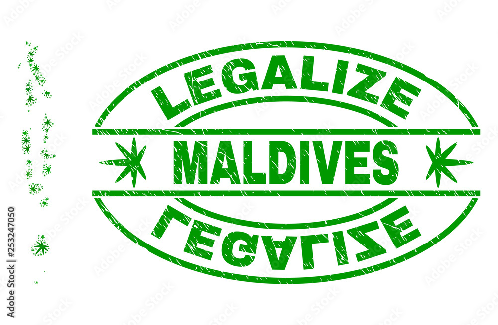 Vector cannabis Maldives map mosaic and grunge textured Legalize stamp seal. Concept with green weed leaves. Template for cannabis legalize campaign. Vector cannabis Maldives map mosaic and grunge textured Legalize stamp seal. Concept with green weed leaves. Template for cannabis legalize campaign.