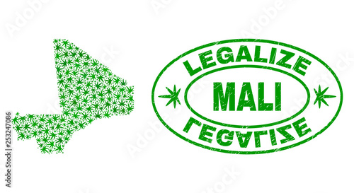 Vector cannabis Mali map collage and grunge textured Legalize stamp seal. Concept with green weed leaves. Template for cannabis legalize campaign. Vector Mali map is composed with weed leaves.