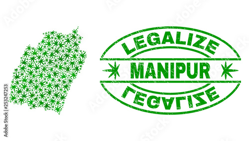 Vector cannabis Manipur State map mosaic and grunge textured Legalize stamp seal. Concept with green weed leaves. Concept for cannabis legalize campaign.