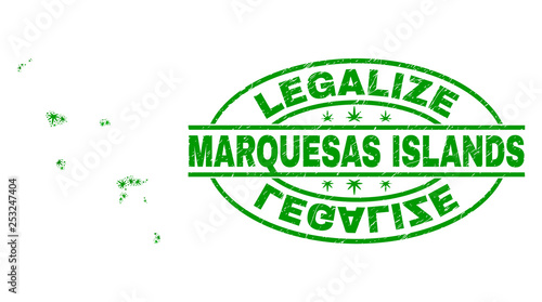 Vector cannabis Marquesas Islands map collage and grunge textured Legalize stamp seal. Concept with green weed leaves. Concept for cannabis legalize campaign.