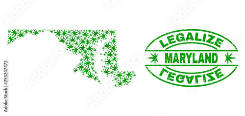 Vector marijuana Maryland State map collage and grunge textured Legalize stamp seal. Concept with green weed leaves. Concept for cannabis legalize campaign.