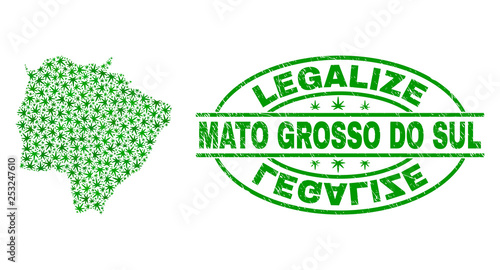Vector cannabis Mato Grosso do Sul State map mosaic and grunge textured Legalize stamp seal. Concept with green weed leaves. Concept for cannabis legalize campaign.