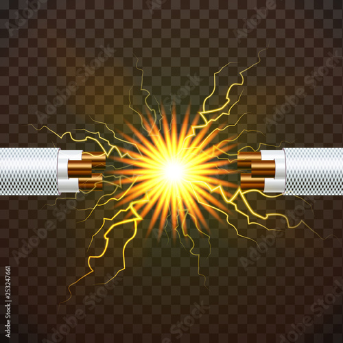 Electric Break Cable Vector. Electrician Rubber Cord. Copper Wire. Circuit Sparks. 3D Realistic Isolated Illustration