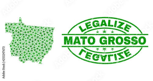 Vector cannabis Mato Grosso State map collage and grunge textured Legalize stamp seal. Concept with green weed leaves. Concept for cannabis legalize campaign.