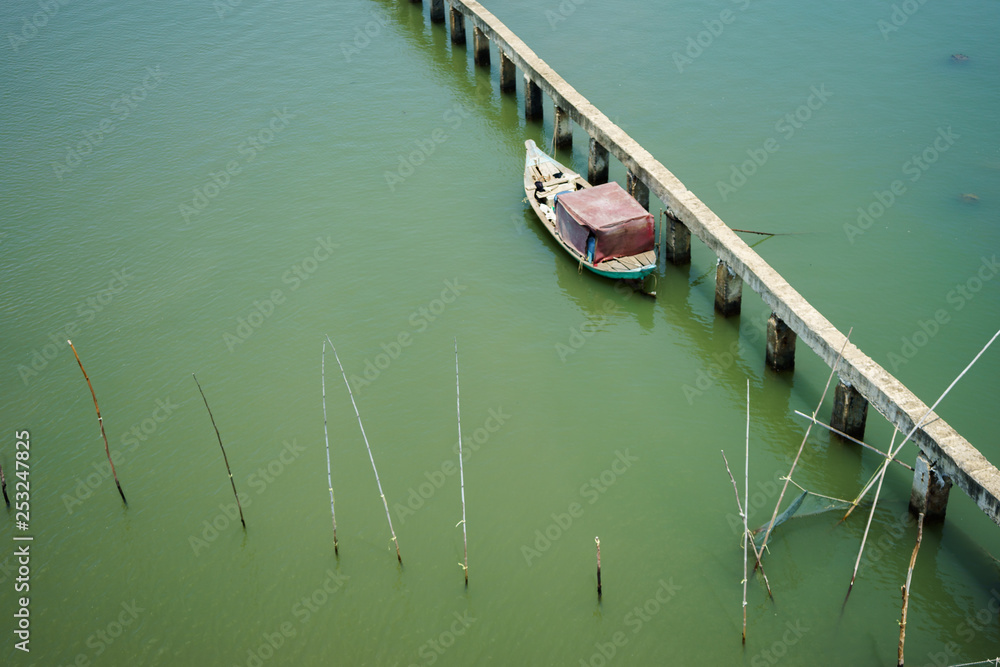Aerial view of boat and floating dock 