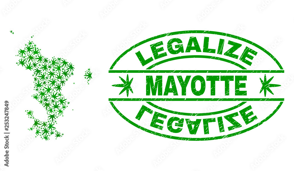 Vector marijuana Mayotte Islands map mosaic and grunge textured Legalize stamp seal. Concept with green weed leaves. Concept for cannabis legalize campaign.