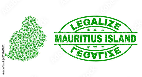 Vector cannabis Mauritius Island map collage and grunge textured Legalize stamp seal. Concept with green weed leaves. Concept for cannabis legalize campaign.