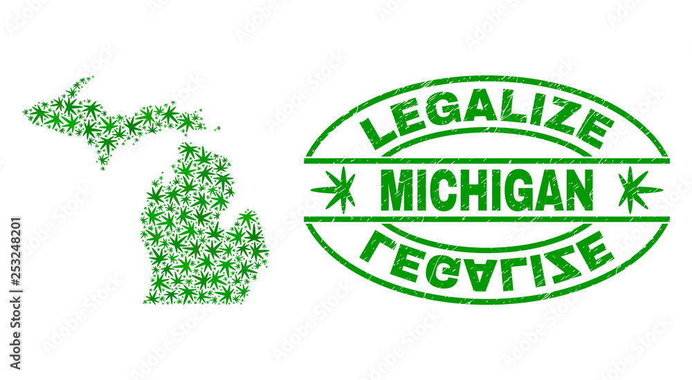 Vector cannabis Michigan State map collage and grunge textured Legalize stamp seal. Concept with green weed leaves. Template for cannabis legalize campaign.