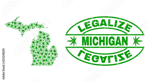 Vector cannabis Michigan State map collage and grunge textured Legalize stamp seal. Concept with green weed leaves. Template for cannabis legalize campaign.
