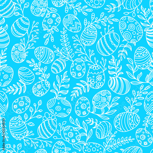 Easter seamless pattern with eggs and spring flowers. Seamless vector pattern