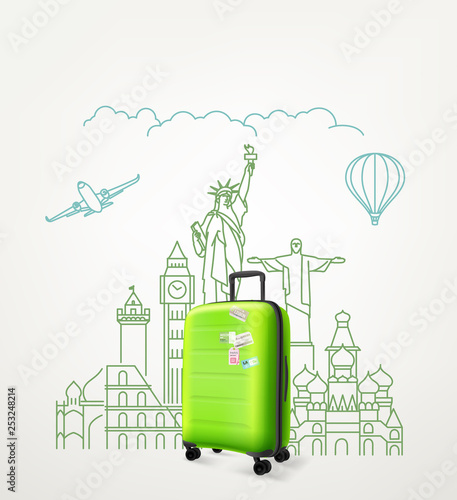 Around the world concept with green travel bag. Vector illustration with bag travel
