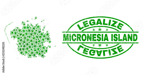 Vector cannabis Micronesia island map mosaic and grunge textured Legalize stamp seal. Concept with green weed leaves. Concept for cannabis legalize campaign.