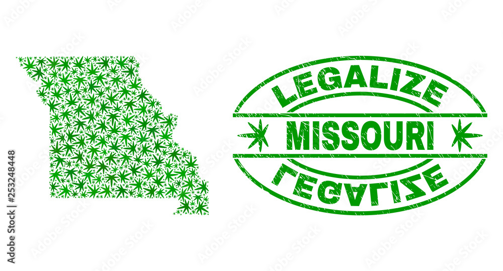 Vector cannabis Missouri State map collage and grunge textured Legalize stamp seal. Concept with green weed leaves. Template for cannabis legalize campaign.