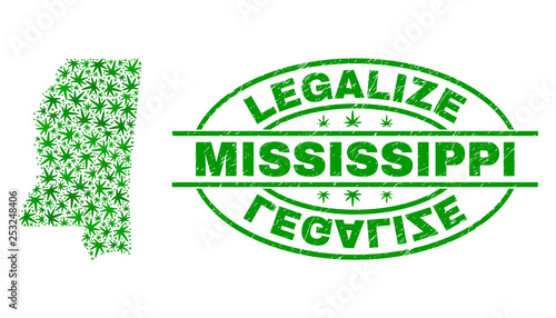 Vector marijuana Mississippi State map collage and grunge textured Legalize stamp seal. Concept with green weed leaves. Concept for cannabis legalize campaign.