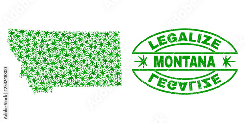 Vector marijuana Montana State map mosaic and grunge textured Legalize stamp seal. Concept with green weed leaves. Concept for cannabis legalize campaign.