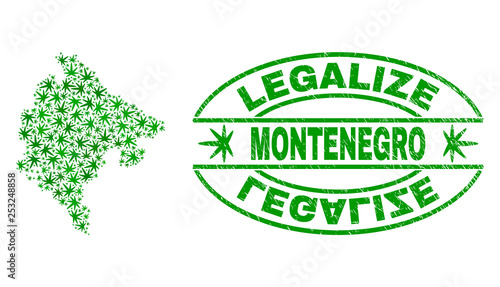 Vector cannabis Montenegro map collage and grunge textured Legalize stamp seal. Concept with green weed leaves. Concept for cannabis legalize campaign.