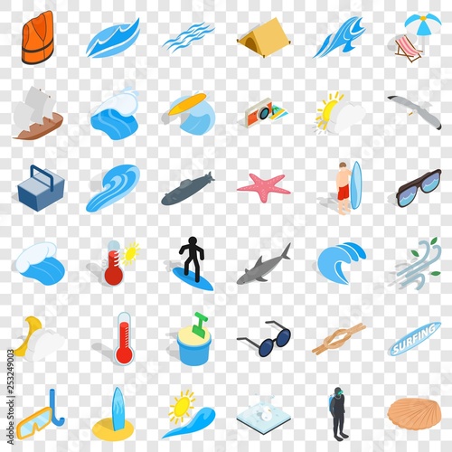 Summer icons set. Isometric style of 36 summer vector icons for web for any design