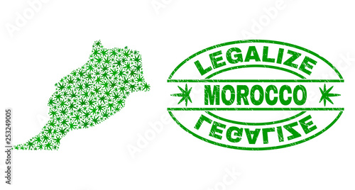 Vector cannabis Morocco map mosaic and grunge textured Legalize stamp seal. Concept with green weed leaves. Concept for cannabis legalize campaign. Vector Morocco map is formed from weed leaves.