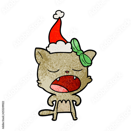 textured cartoon of a cat meowing wearing santa hat