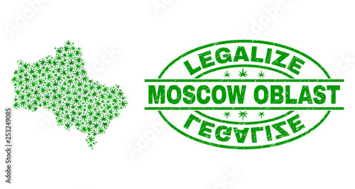 Vector cannabis Moscow Region map mosaic and grunge textured Legalize stamp seal. Concept with green weed leaves. Concept for cannabis legalize campaign.