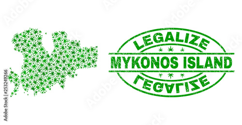 Vector cannabis Mykonos Island map collage and grunge textured Legalize stamp seal. Concept with green weed leaves. Concept for cannabis legalize campaign.