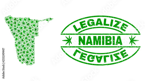 Vector cannabis Namibia map mosaic and grunge textured Legalize stamp seal. Concept with green weed leaves. Template for cannabis legalize campaign. Vector Namibia map is formed with herbal leaves.