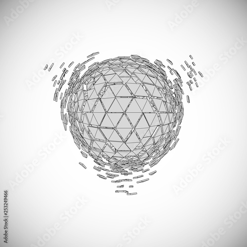 Blast the ball into triangular pieces. Black-white. Tetrahedron. 3D. Vector illustration