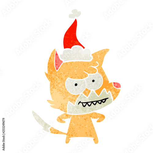 retro cartoon of a grinning fox wearing santa hat