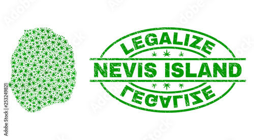 Vector cannabis Nevis Island map collage and grunge textured Legalize stamp seal. Concept with green weed leaves. Template for cannabis legalize campaign.