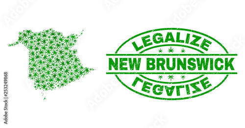 Vector cannabis New Brunswick Province map mosaic and grunge textured Legalize stamp seal. Concept with green weed leaves. Concept for cannabis legalize campaign.